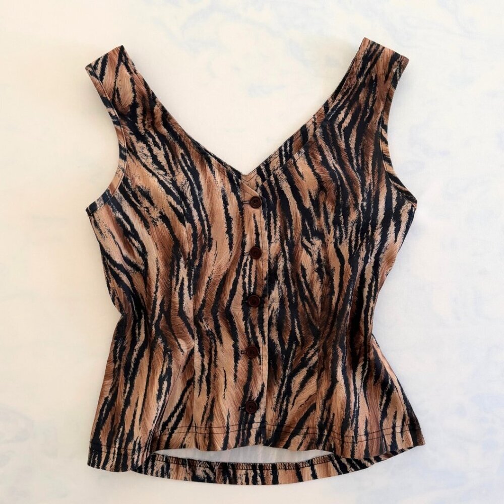 Brioche Vintage Animal Print V-Neck Sleeveless Top - Picture 1 of 7